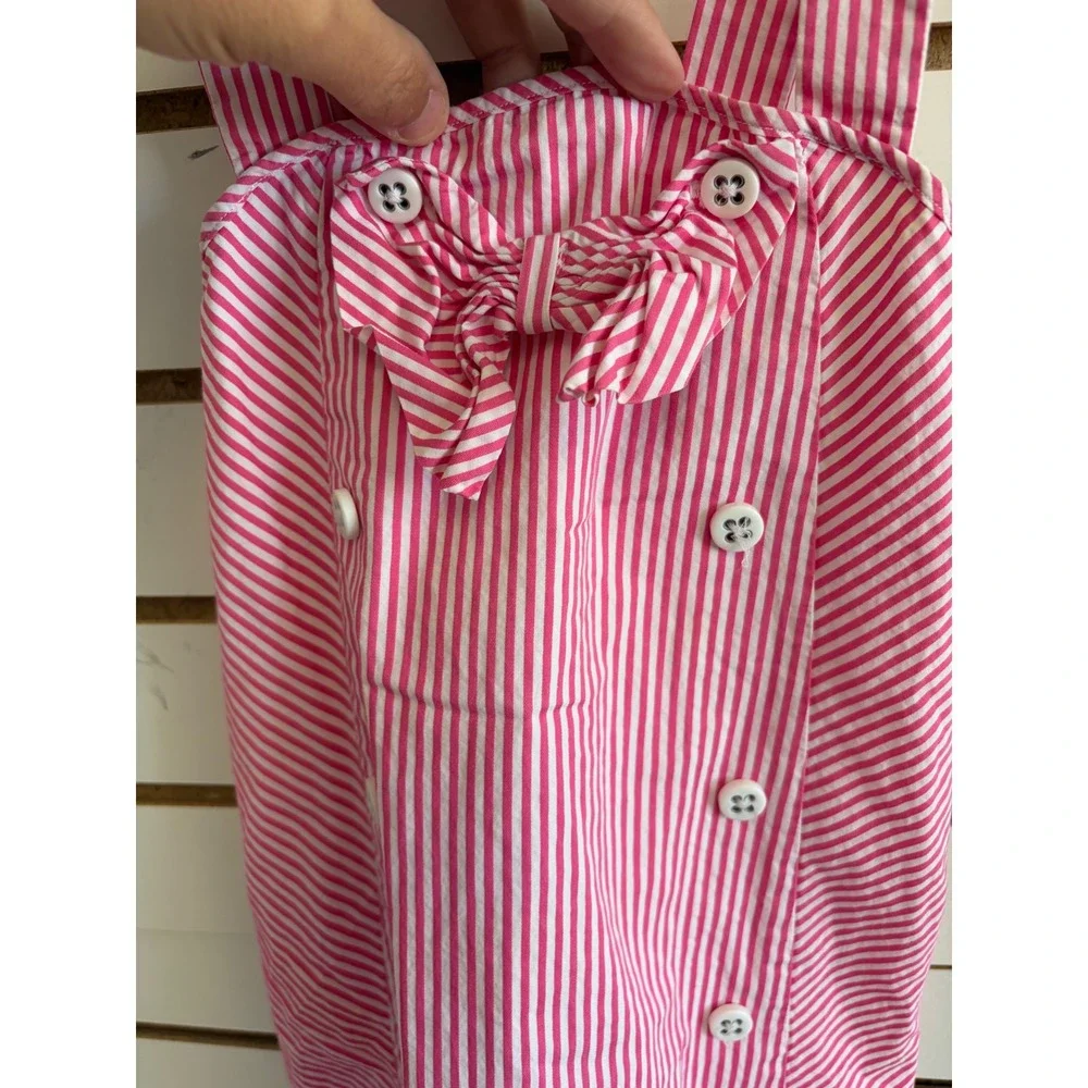 Janie and Jack Girls Pink White Striped Bow Dress Size 6 Cotton Lined seersucker